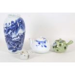 Three Japanese porcelain teapots and one vase, including one by Fukagawa; and one vase decorated