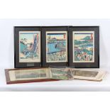 Three woodblock prints by Hiroshige II, two prints by Kuniyyoshi, one by Kunisuda II, three after