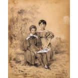 ENGLISH SCHOOL (CIRCA 1840) Portrait of Thomas and Elisabeth Chandler seated in a landscape black