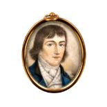 ENGLISH SCHOOL (CIRCA 1800). Portrait miniature of a young Gentleman wearing a blue coat with