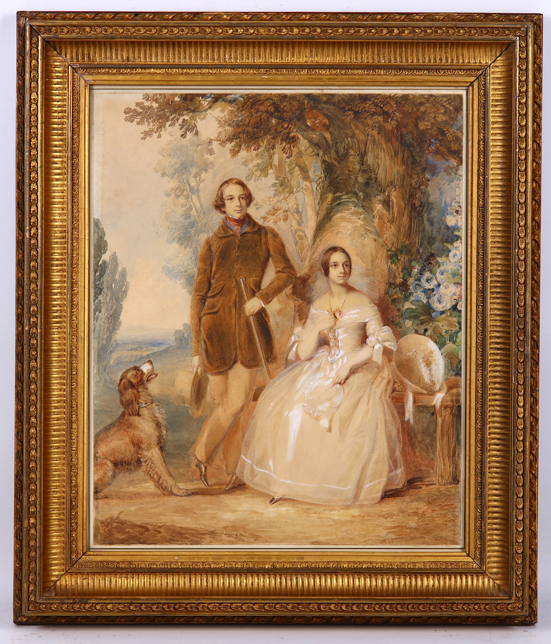 REGINALD EASTON (1807-1893) 'A Young Noble Couple on their estate with their dog' signed and dated - Image 2 of 6