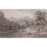 AMOS GREEN (1735-1807). Llanwrst, North Wales, pen and ink and wash, 24 x 38.8 cm, mounted and