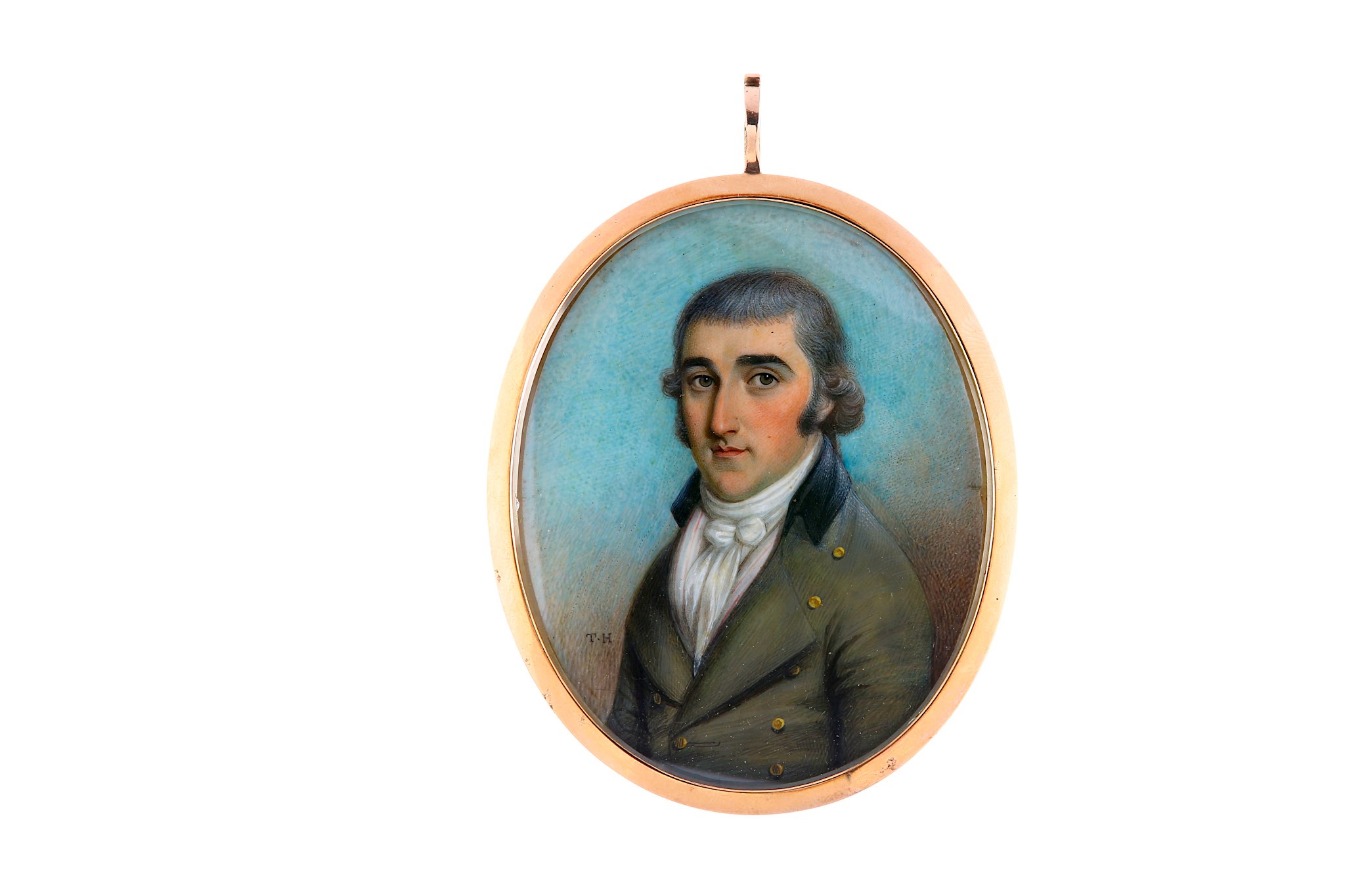 THOMAS HAZLEHURST (C.1740-C.1821). Portrait miniature of a Gentleman, wearing a grey coat with black