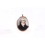 ANDREW PLIMER (1763-1837). A fine portrait miniature of a Gentleman, circa 1795, wearing a black