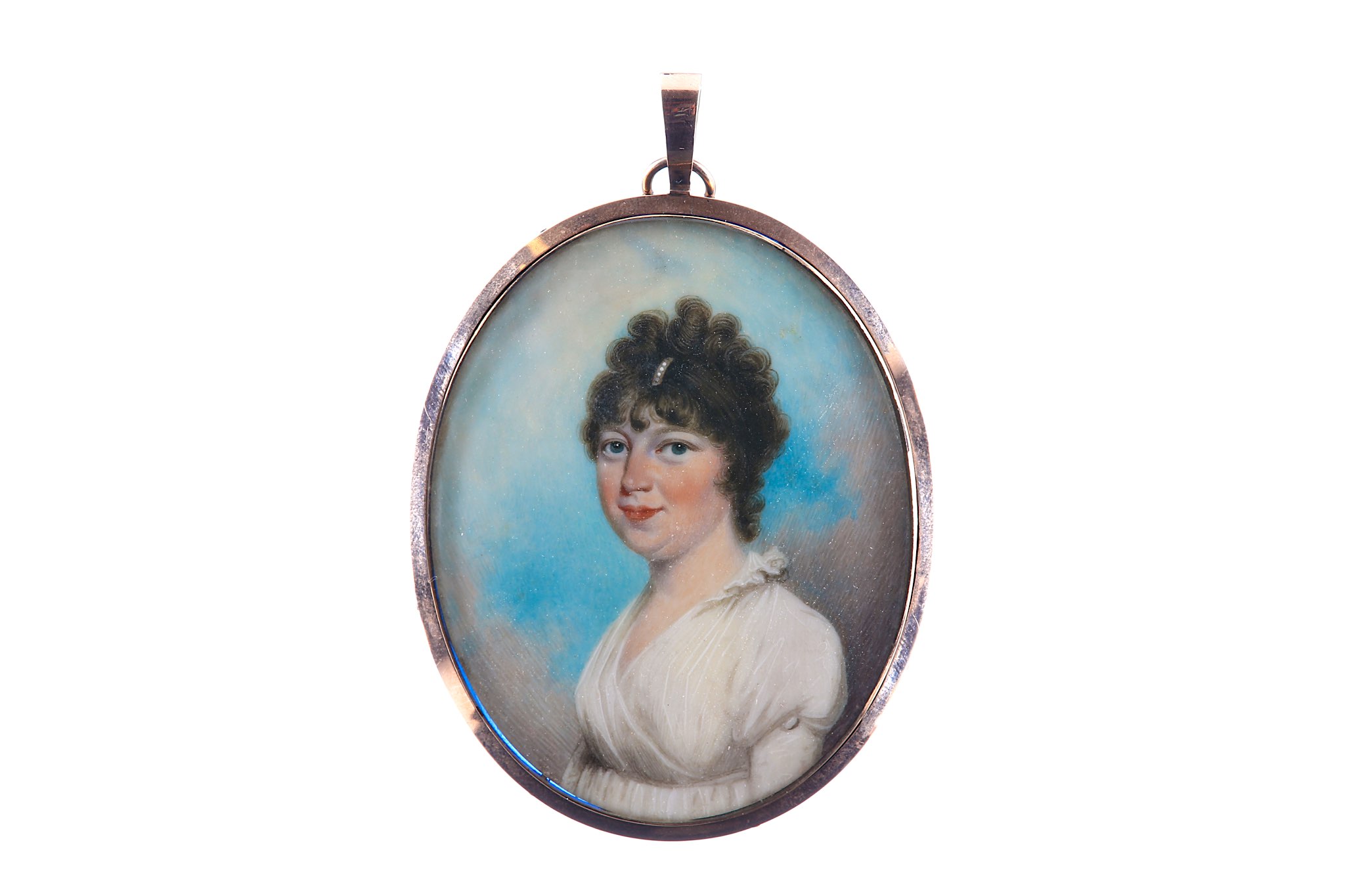 N. FREESE  (circa 1800). A fine portrait miniature of a Lady, wearing a white dress with frilled