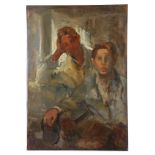1950s OIL ON PANEL, study of two seated male figures, (panel: 110.5 x 70cm)