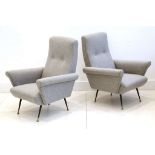 A PAIR OF 1950s ITALIAN ARMCHAIRS, newly upholstered in grey, on black enameled legs, (70cm max wide