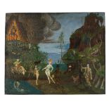 MID 20TH CENTURY OIL ON STEEL PANEL, surrealist landscape with nude figures, possibly depicting