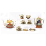 CLARICE CLIFF BIZARRE CROCUS PATTERN, a collection of 12 items, to include; a coffee pot, teapot,