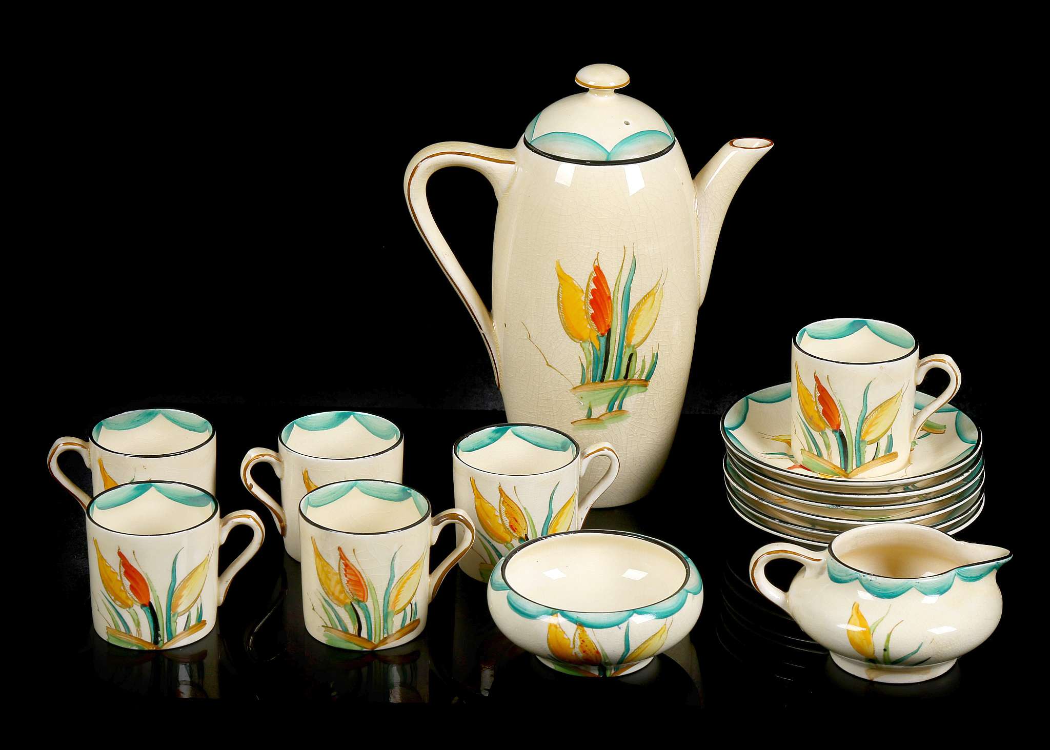 SUSIE COOPER FOR GRAY'S POTTERY, an art deco coffee service for six, in complete good order,