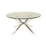 A 1960s CIRCULAR ITALIAN COFFEE TABLE, with smoked glass top, on chrome steel base (100 x 47cm