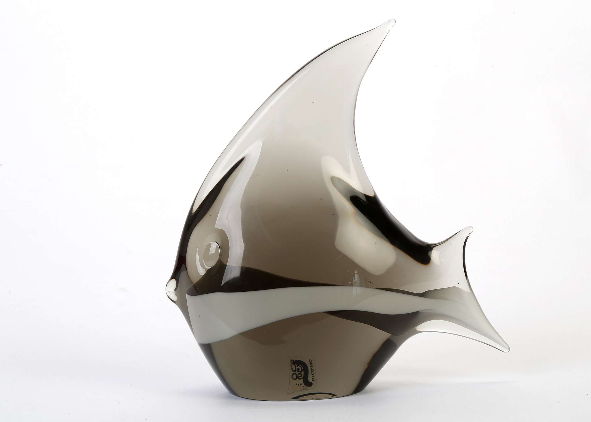 LIVIO SEGUSO, ITALY, MURANO GLASS ANGEL FISH SCULPTURE, clear cased smoked and white glass,