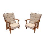 A PAIR OF FRENCH 1970s SOLID OAK LOUNGE CHAIRS, DESIGNED BY GUILLERME & CHAMBRON, MANUFACTURED BY