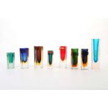 MURANO SOMMERSO, ITALY, a collection of eight clear cased bud vases, circa 1960, (largest 20cm