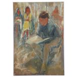 1950s OIL ON PANEL, study of a seated male reading with other figures in the background, (panel: