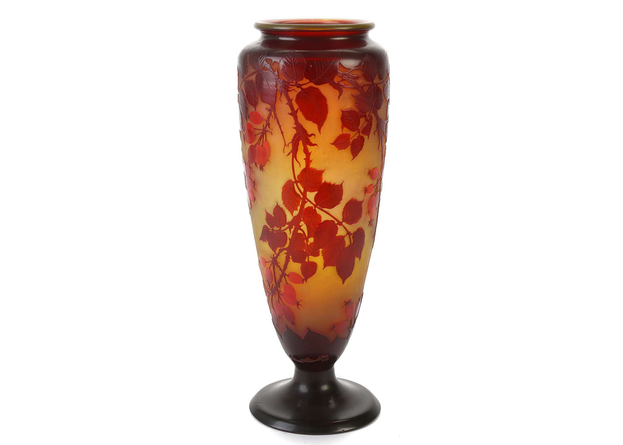 EMILE GALLE, FRANCE, a tall cameo glass vase, circa 1900, with frosted yellow body overlaid in red