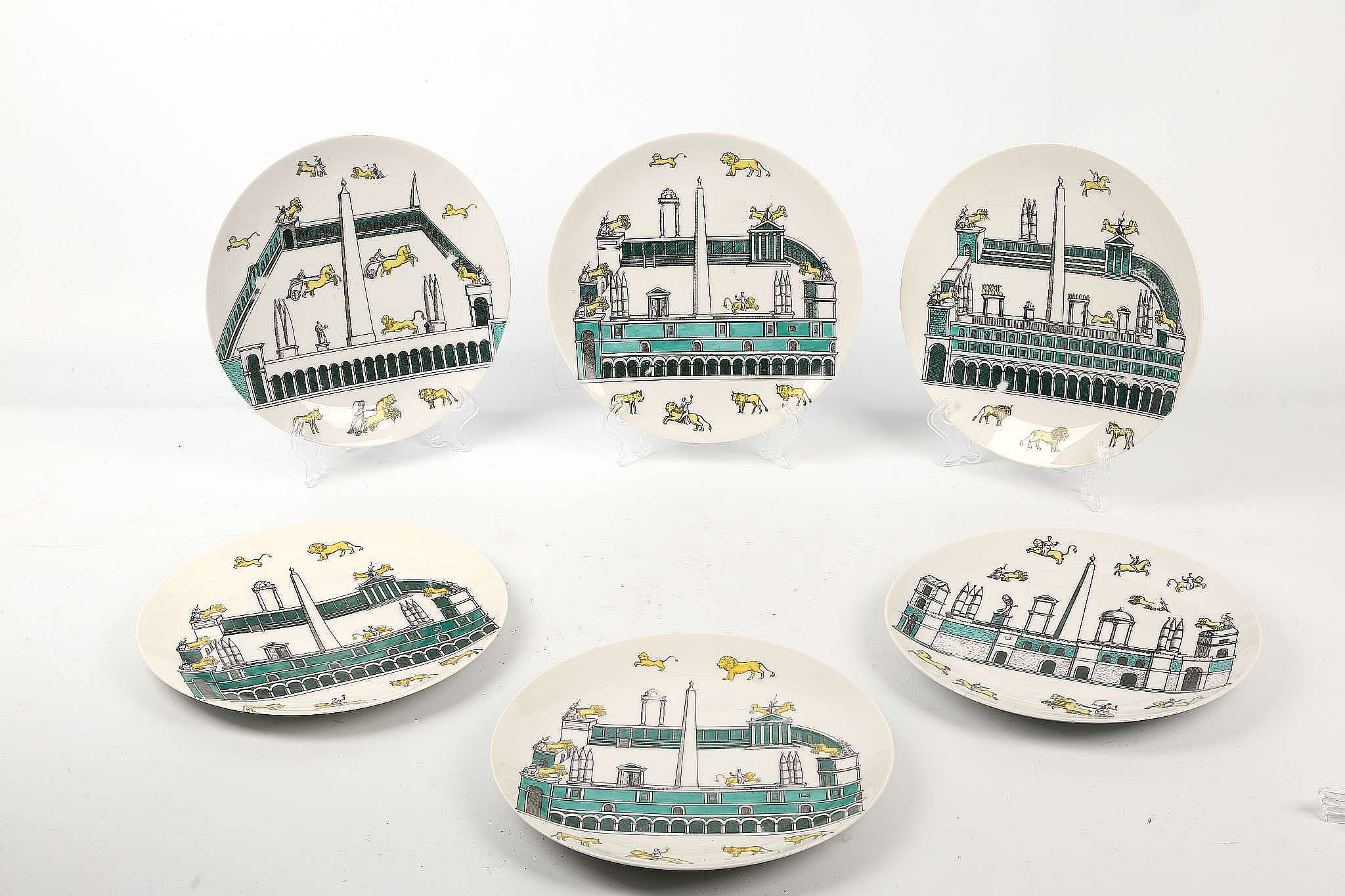 A SET OF SIX 1950s PIERO FORNASETTI 'CIRCO ROMANO' PLATES, stamped with maker's mark under, (25.