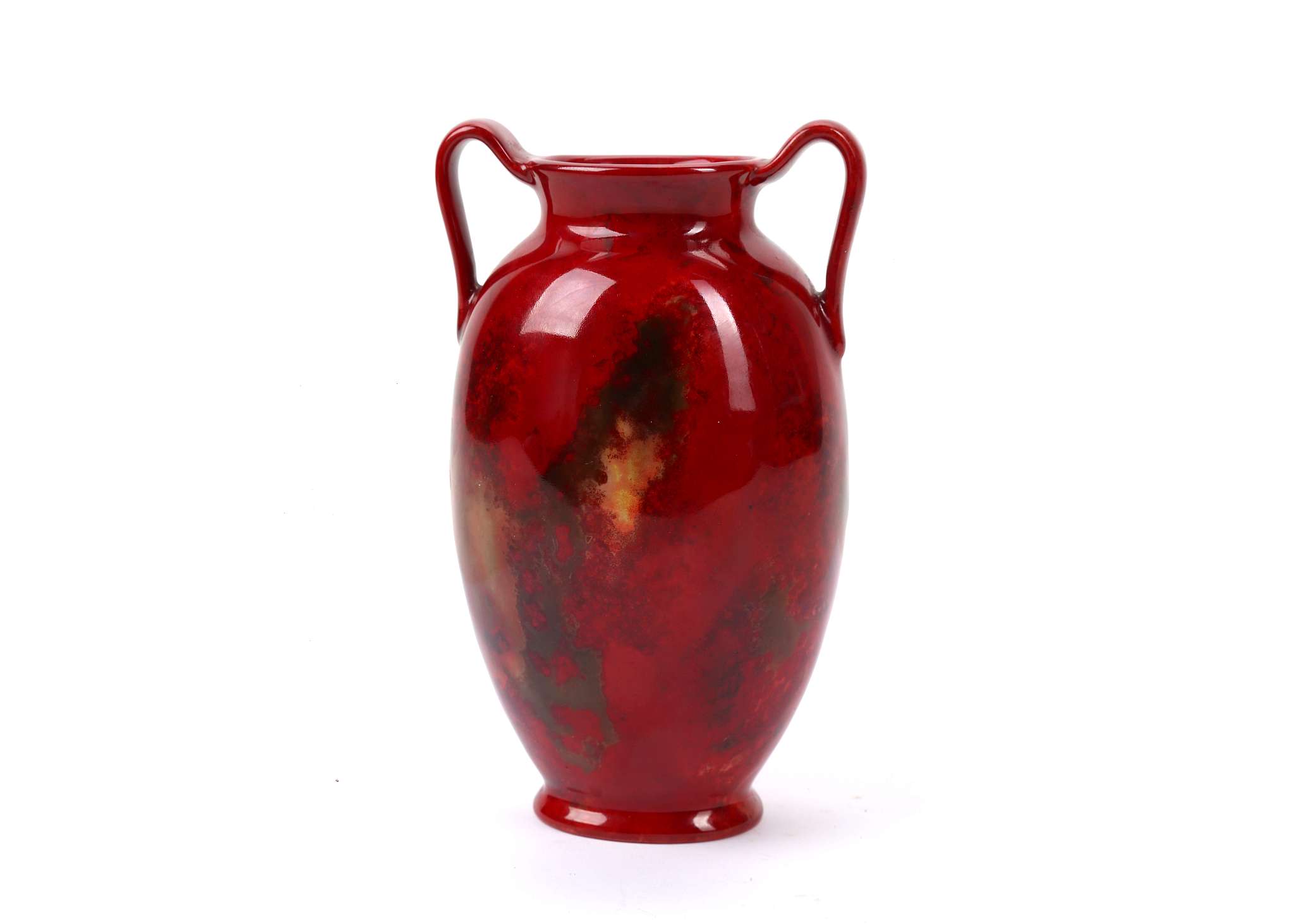 CHARLES NOKE FOR ROYAL DOULTON, an early 20th century flambe twin handled, amphora shape vase,