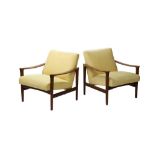 A PAIR OF 1960s DANISH TEAK LOUNGE CHAIRS, upholstered in yellow, (70cm wide x 73cm high)