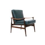 A 1970s STYLE TEAK SCANDINAVIAN CHAIR, with green leather upholstery, (74cm max wide)