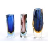 MURANO SOMMERSO, ITALY, three faceted glass vases, circa 1960, to include two clear cased three