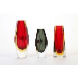 1960s ITALIAN MURANO SOMMERSO GLASS, a collection of three faceted glass vases, circa 1960, to