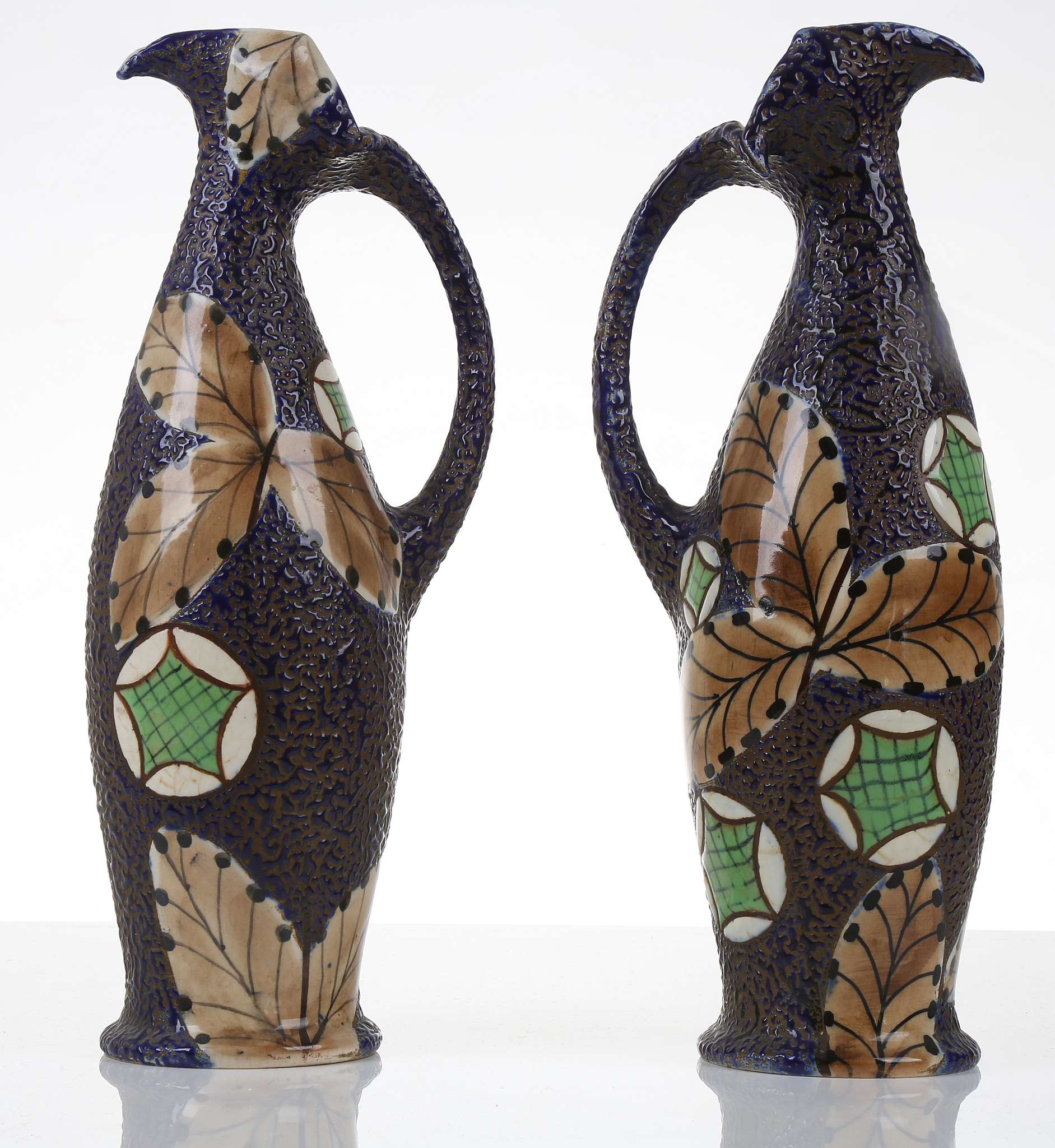 A PAIR OF ART NOUVEAU BOHEMIAN AMPHORA PORCELAIN EWERS, of highly organic form, applied with - Image 5 of 5