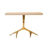 A MODERN CONTEMPORARY DESIGN CONSOLE TABLE, with faux shagreen top on sculptural organic brass