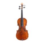 Quarter size German violin, labelled Vuillaume a Pari, rue des Petitscamps, 46. Two-piece back, wide