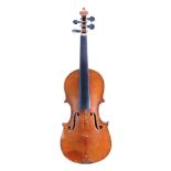 Half size, German violin. No label. Two-piece back faint figure flames, maple wood, similar ribs and