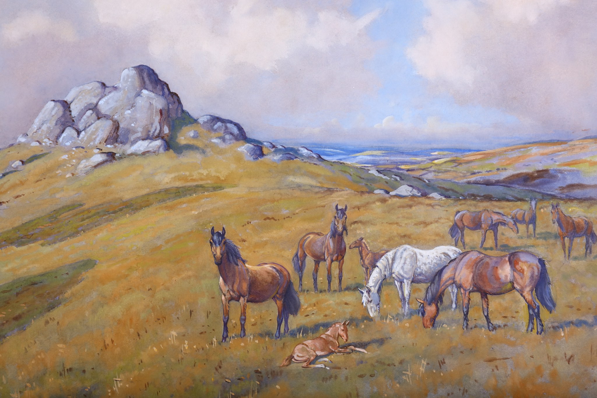 E. Meade-King. 'Dartmoor Ponies'. Watercolour and gouache landscape. Signed lower left. 38 x 55cm. - Image 3 of 4