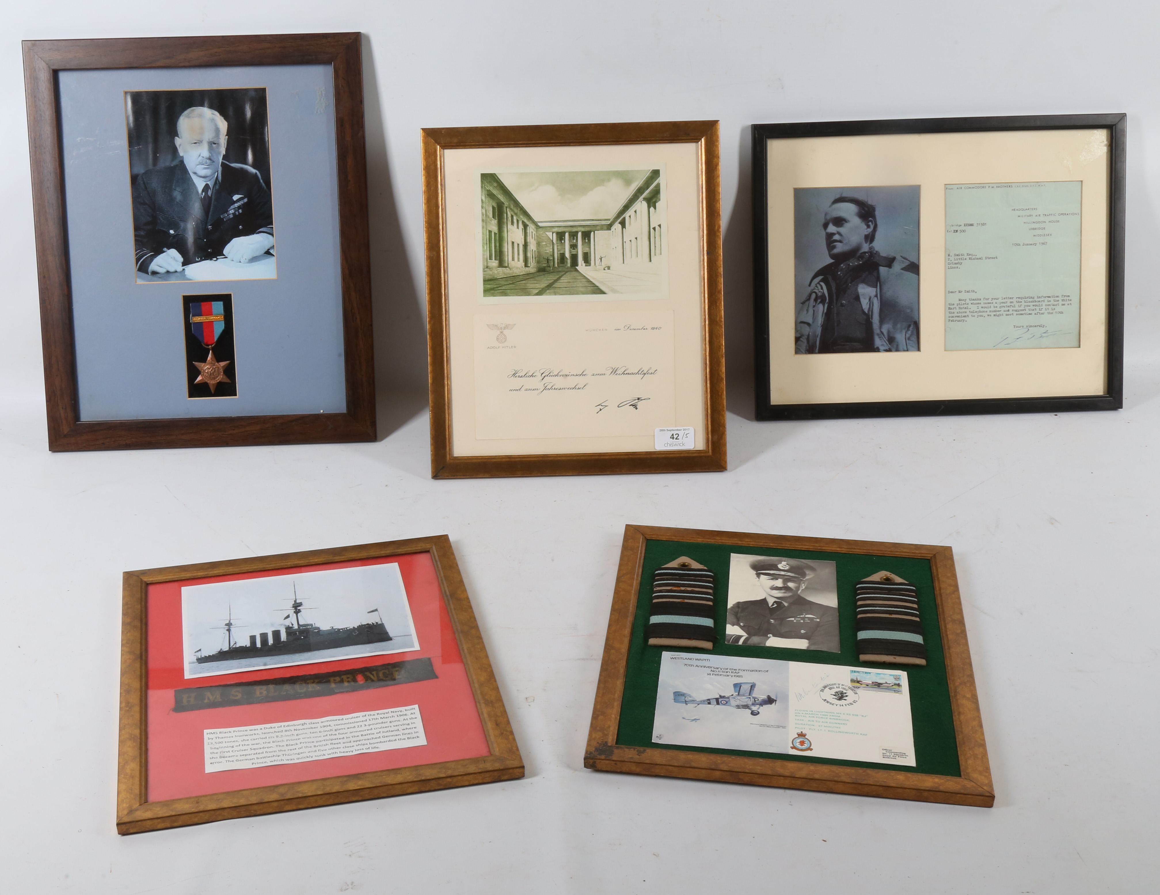 Second World War Ephemera; A Framed Photo of Arthur "Bomber" Harris, An HMS Black Prince photo,