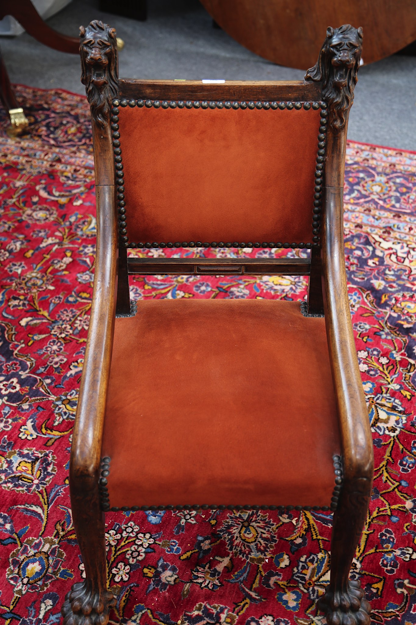 An unusual 18th Century design, walnut side chair, suede upholstered with lion mask finials on paw - Image 2 of 2