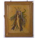 An early 20th Century leather base image of a group of wild salmon, having raised decoration,