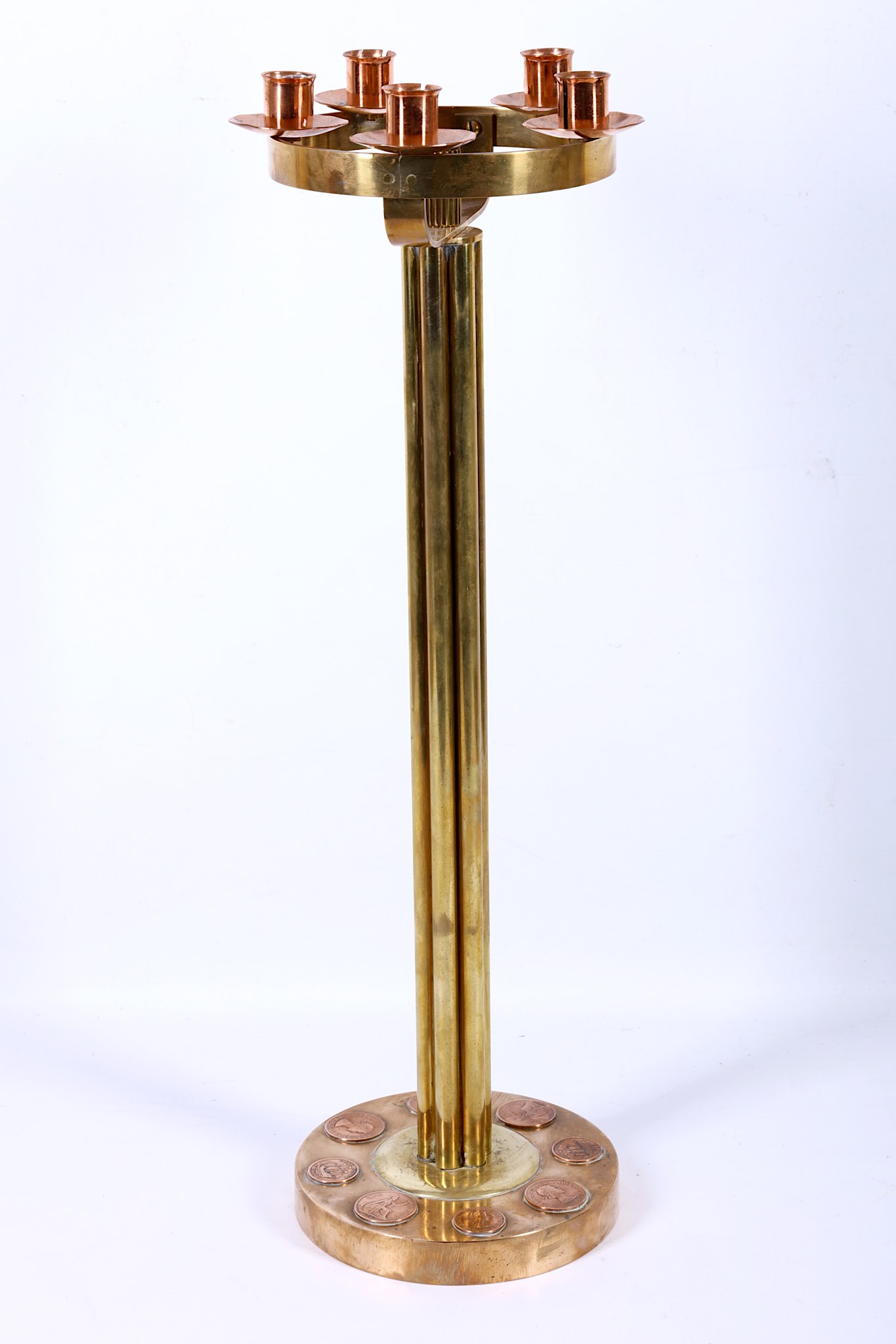 A stylish 1960's British made copper and brass, novelty five branch standing candelabrum, the base