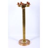 A stylish 1960's British made copper and brass, novelty five branch standing candelabrum, the base