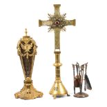 An Art Deco free standing brass altar cross, set with clear and red cabouchon crystals and