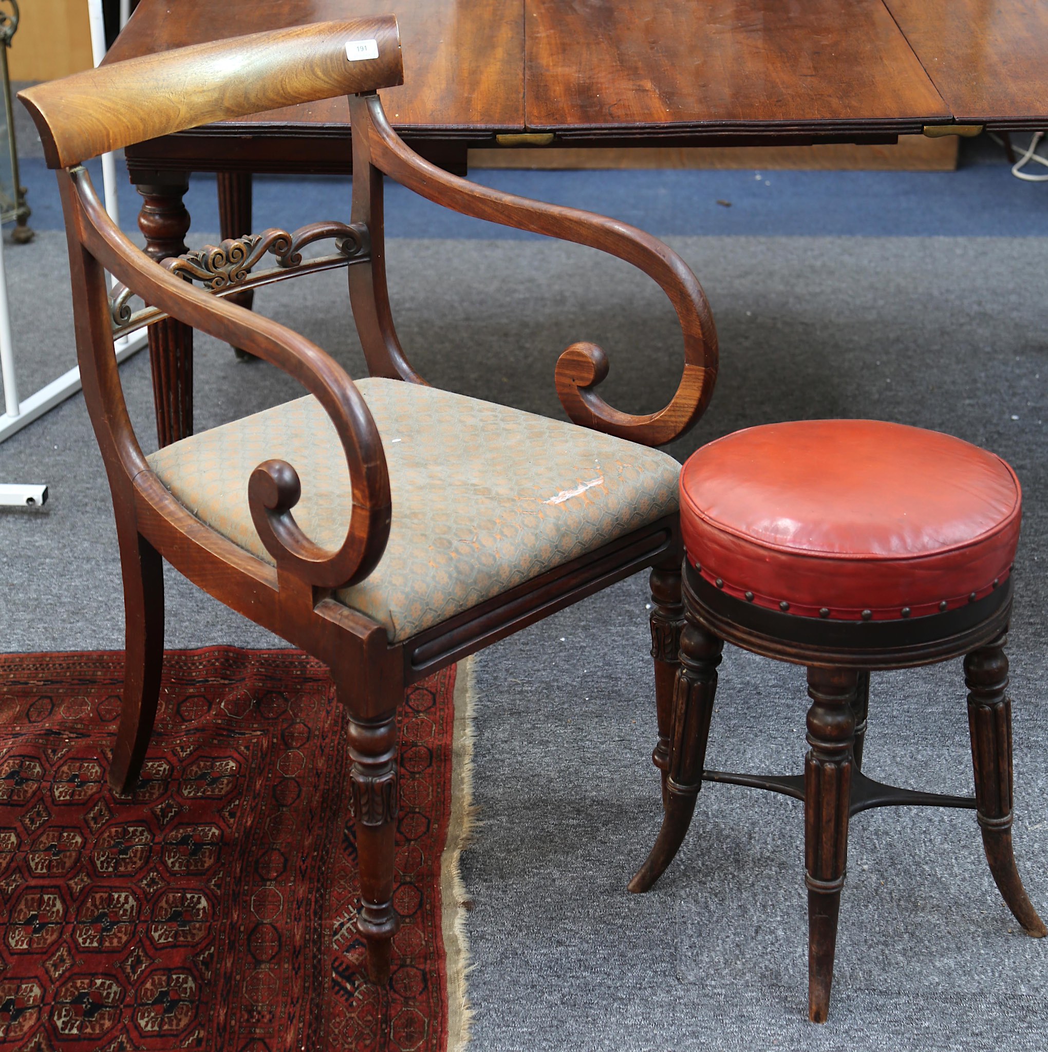 A Regency mahogany scroll arm dining chair and a Victorian circular piano stool (3).