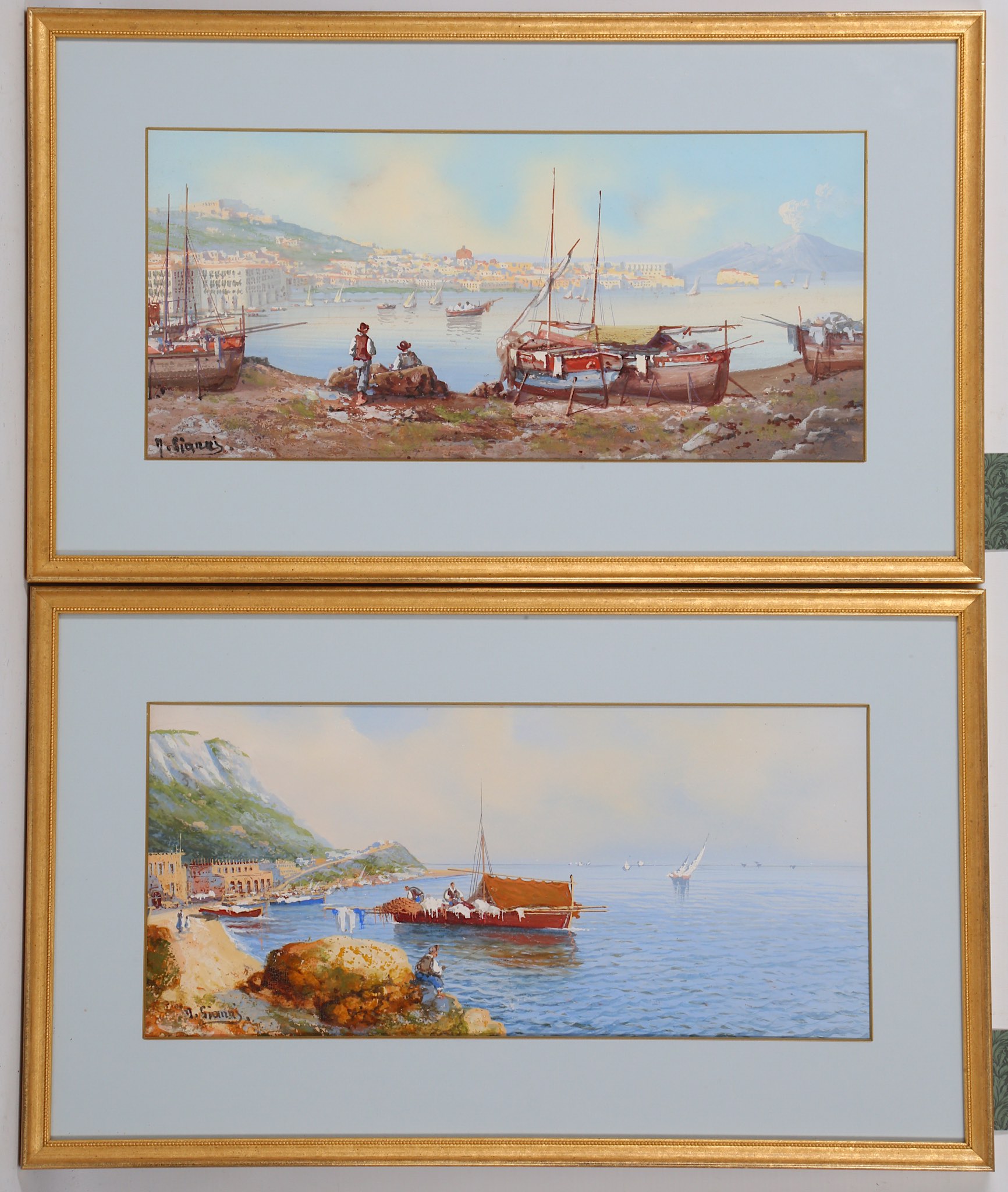 Gian Gianni, 19th Century Italian. 'Vesuvius' and 'The Boy of Naples'. A pair of panoramic gouache