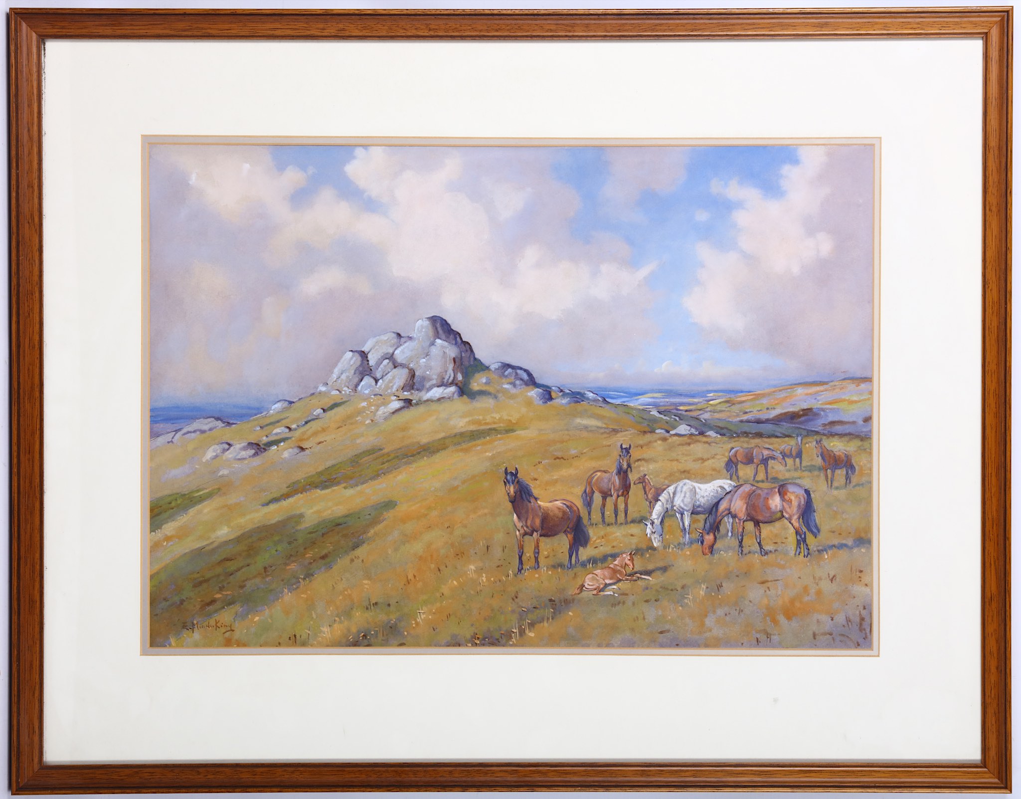 E. Meade-King. 'Dartmoor Ponies'. Watercolour and gouache landscape. Signed lower left. 38 x 55cm.