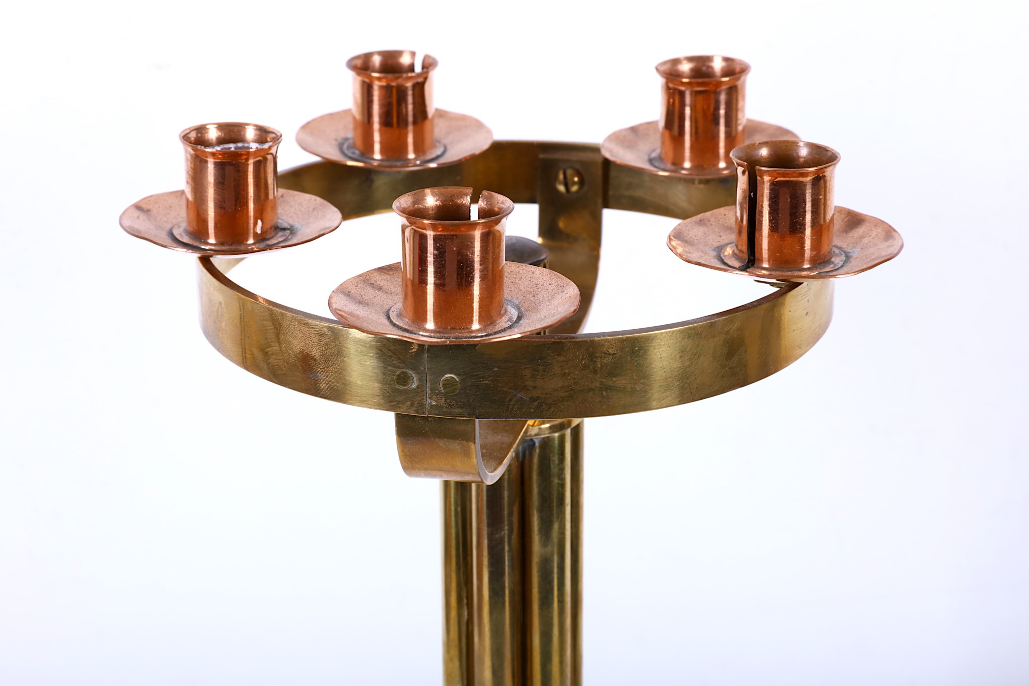 A stylish 1960's British made copper and brass, novelty five branch standing candelabrum, the base - Image 3 of 3