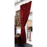 A pair of large size curtains, applied with burgundy colours and gold ornamental circular shape
