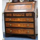 An Edwardian mahogany bureau, with rosewood inlaid marquetry panels on bracket feet.