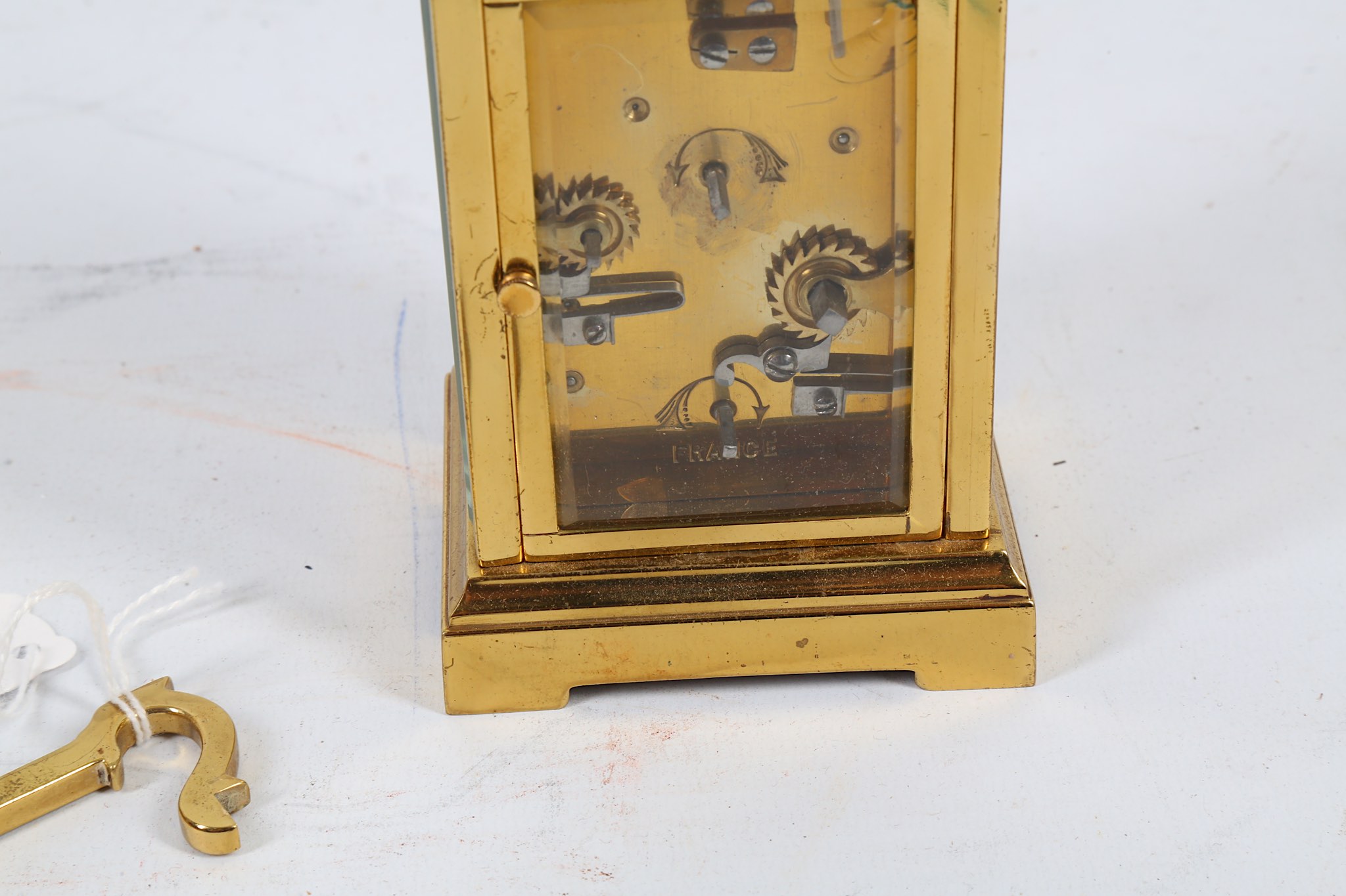 An early 20th Century brass carriage clock, with alarm and leather case, together with another brass - Image 6 of 6