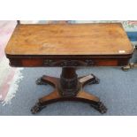 A Victorian rosewood card table, on carved column support and platform base, 91cm wide.