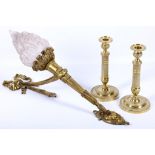 One pair of French brass candlesticks, sold with a neo-classical style wall mounting torchere,