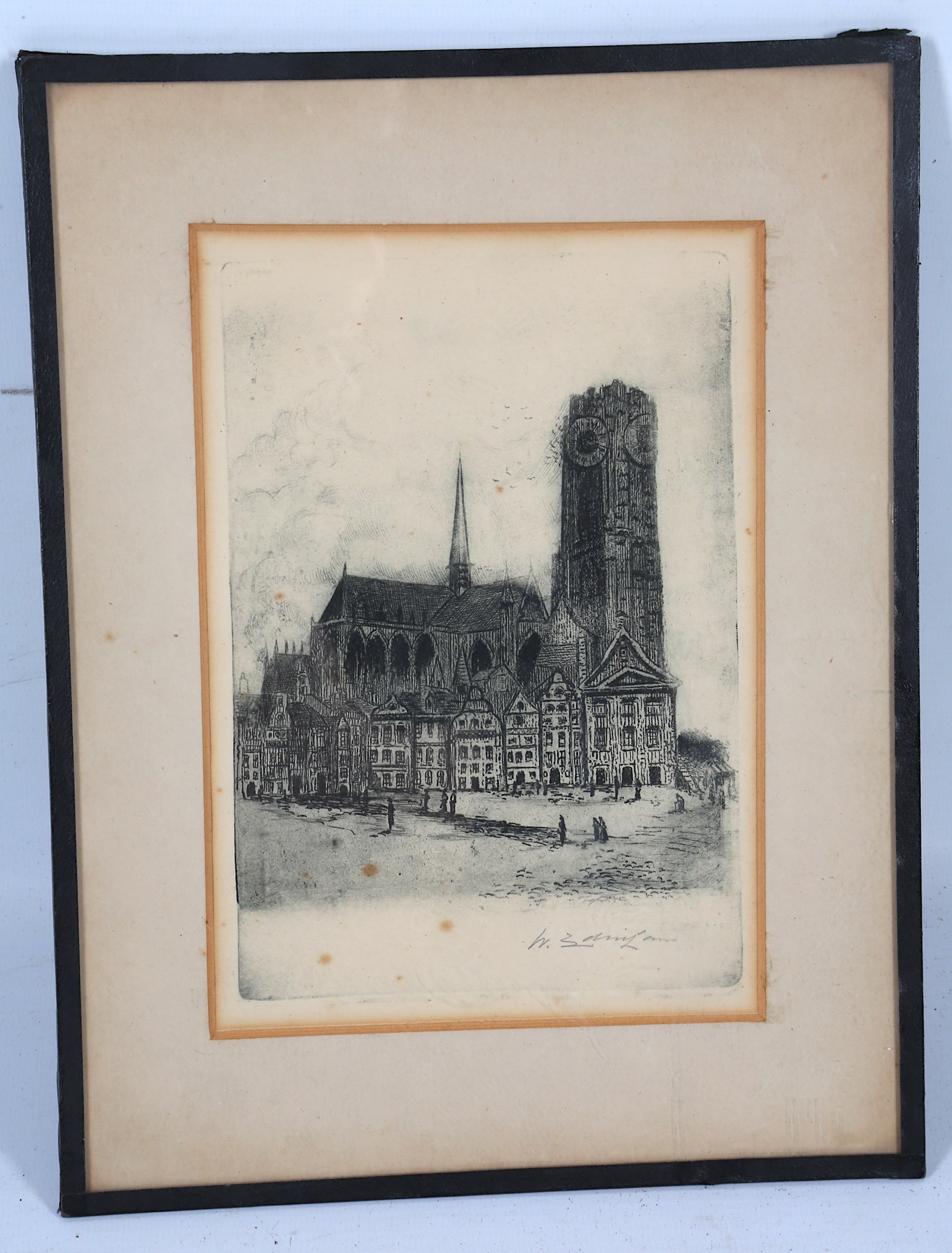 A pair of circa 1900 Belgian school soft ground etchings: 'Cathedral at Malines', and a - Image 5 of 8