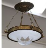 An Edwardian hanging ceiling light, having a part cut and part frosted bowl supported from a