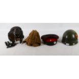 Two Russian Air force pilots helmets C.1950, A russian peaked officers cap, and a Vietnam War