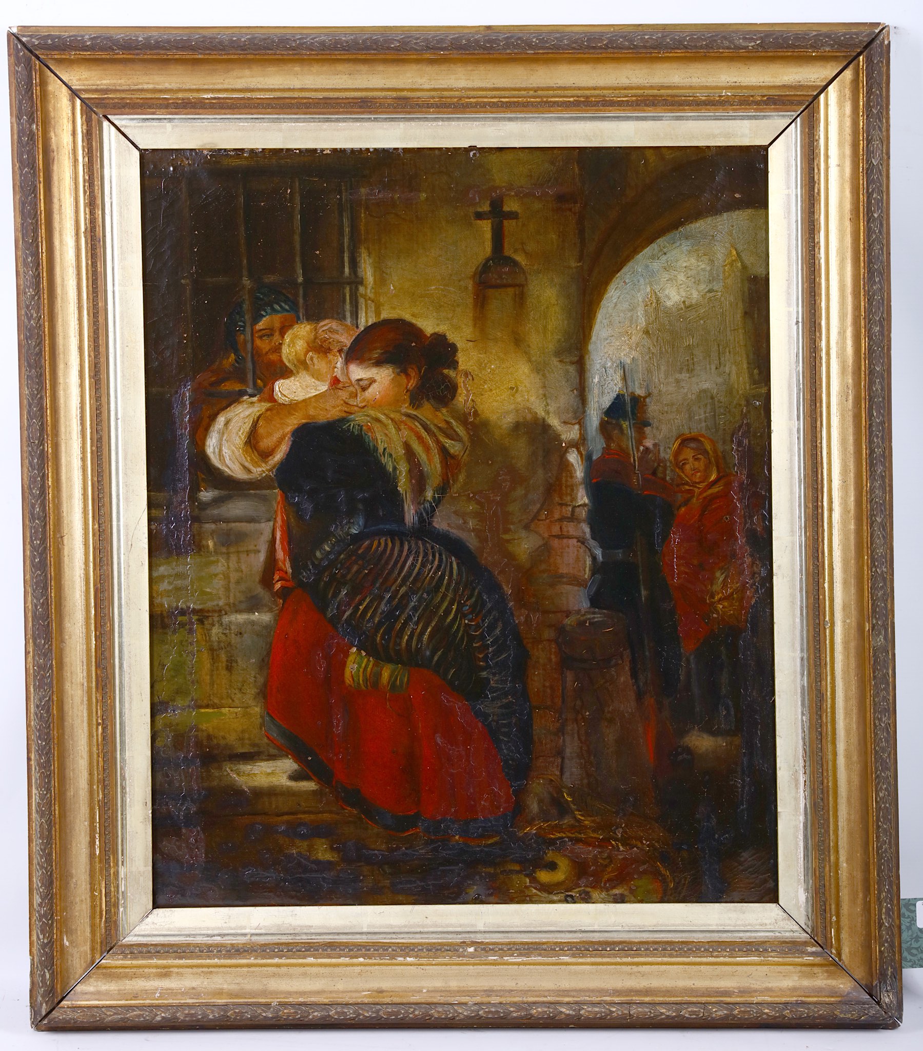 Mid 19th Century, 'The Prisoners Farewell'. Oil on canvas jail scene with a young woman and child